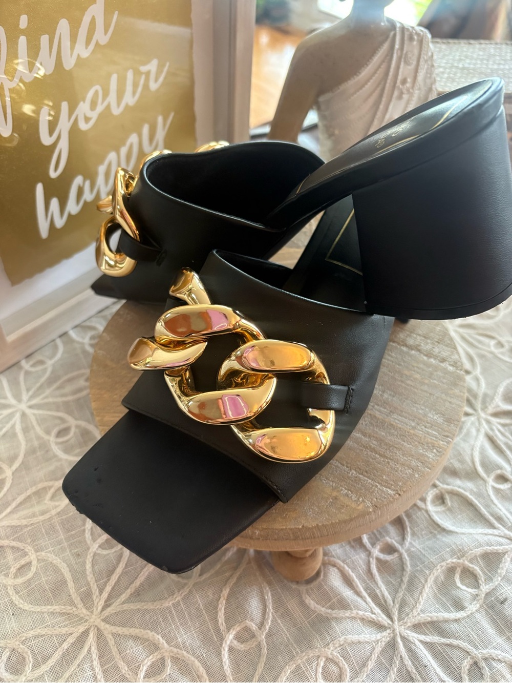 Vero Moda Black Gold Chain Block Heel Slide Sandals